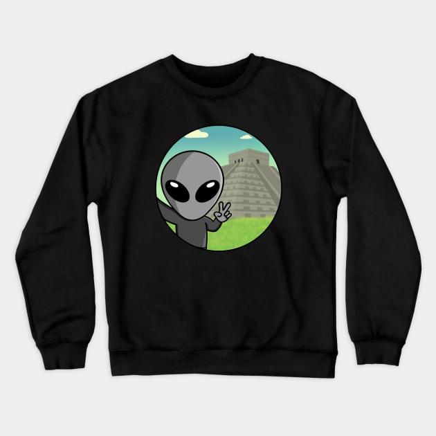 Gray Space Alien Selfie Chichen Itza Crewneck Sweatshirt by SpaceAlienTees